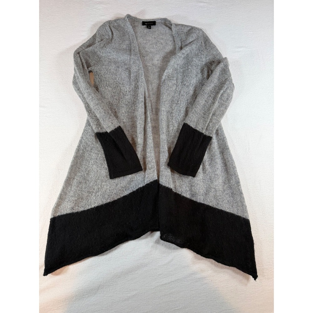 AB Studio Gray Black Colorblock Open Front Mohair Wool Blend Cardigan Large